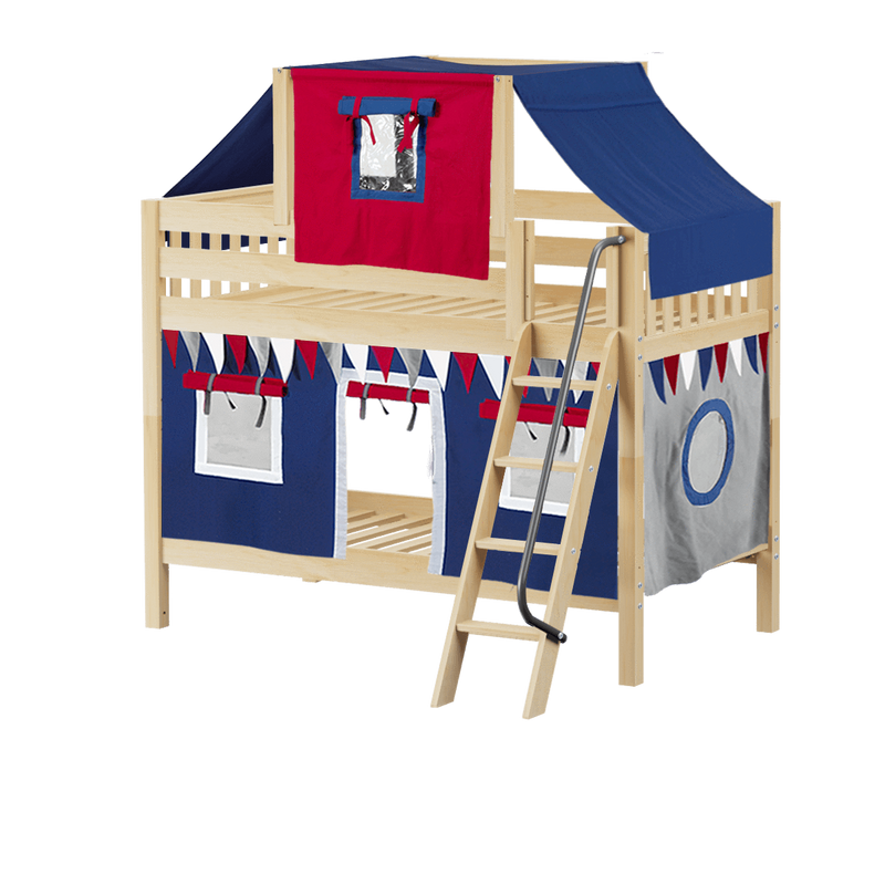 Maxtrix Twin Low Bunk Bed with Angled Ladder, Top Tent + Curtain