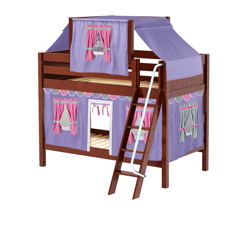Maxtrix Twin Low Bunk Bed with Angled Ladder, Top Tent + Curtain