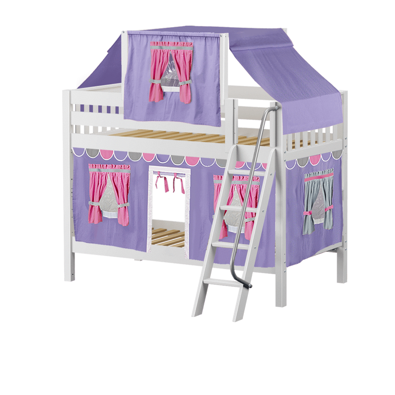 Maxtrix Twin Low Bunk Bed with Angled Ladder, Top Tent + Curtain