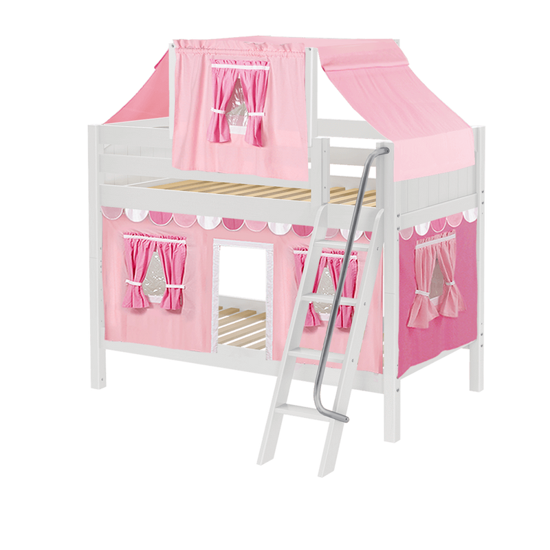 Maxtrix Twin Low Bunk Bed with Angled Ladder, Top Tent + Curtain