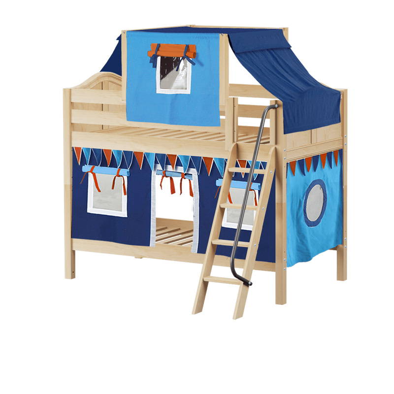 Maxtrix Twin Low Bunk Bed with Angled Ladder, Top Tent + Curtain