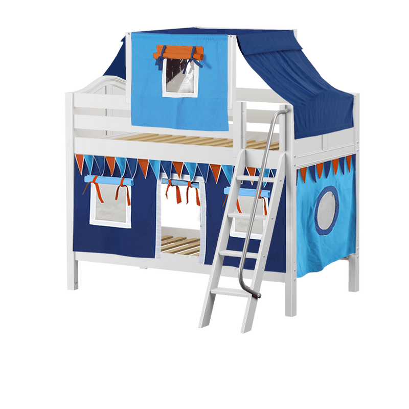 Maxtrix Twin Low Bunk Bed with Angled Ladder, Top Tent + Curtain