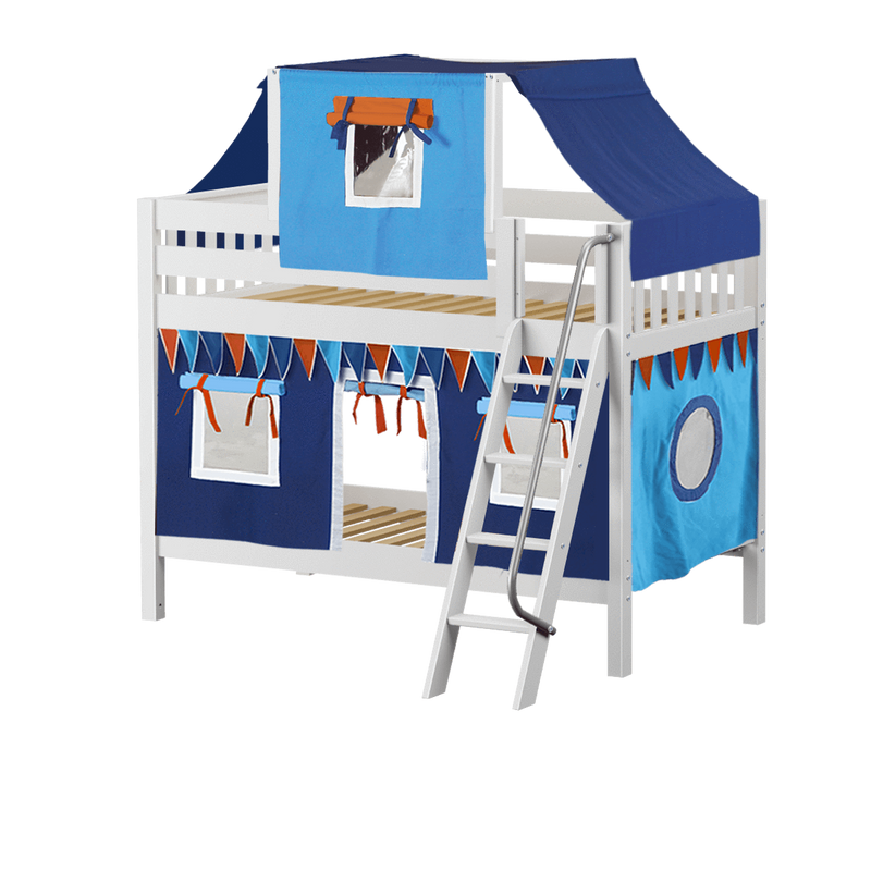 Maxtrix Twin Low Bunk Bed with Angled Ladder, Top Tent + Curtain