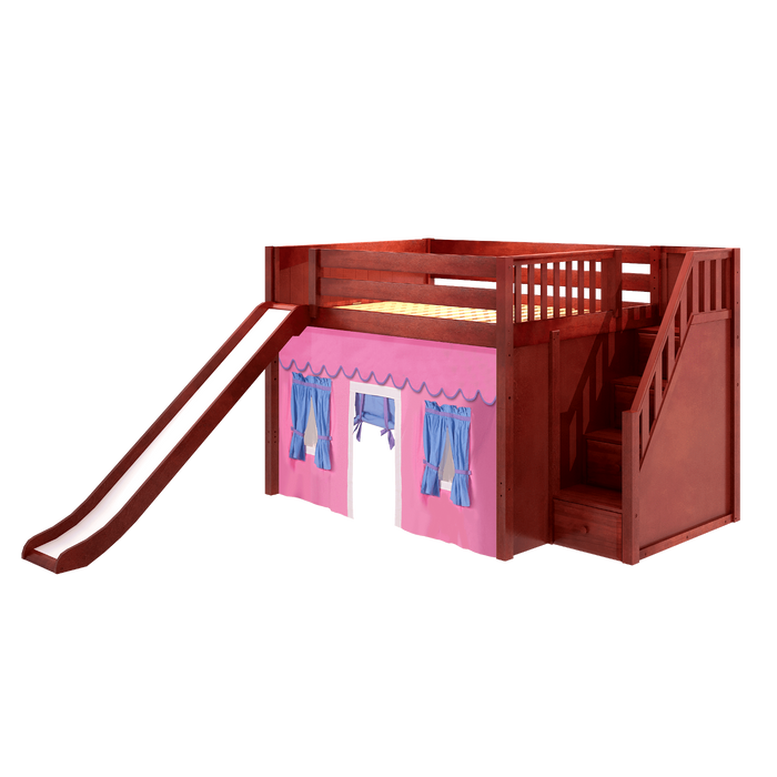 Maxtrix Full Mid Loft Bed with Stairs, Curtain + Slide