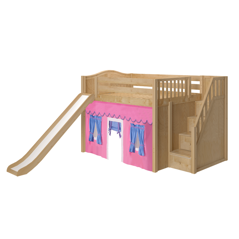Maxtrix Full Mid Loft Bed with Stairs, Curtain + Slide