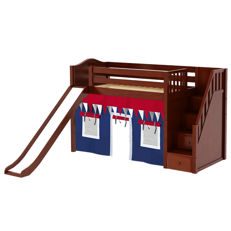 Maxtrix Twin Mid Loft Bed with Stairs, Curtain + Slide