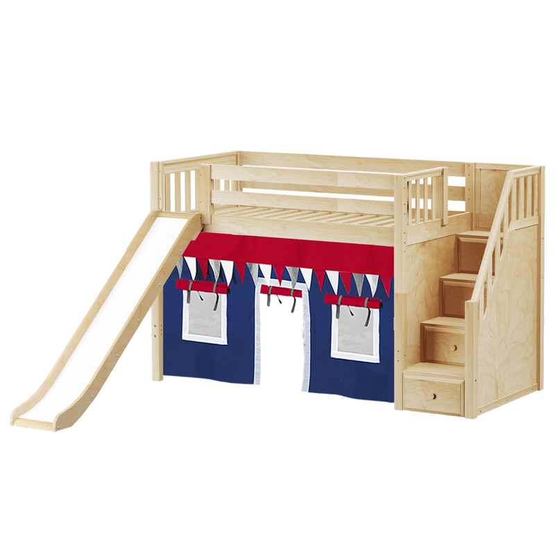 Maxtrix Twin Mid Loft Bed with Stairs, Curtain + Slide