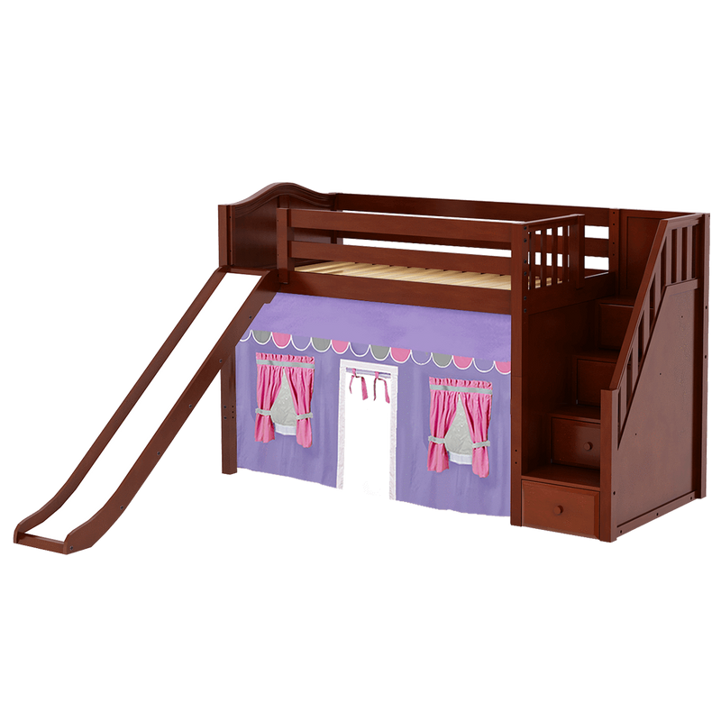 Maxtrix Twin Mid Loft Bed with Stairs, Curtain + Slide