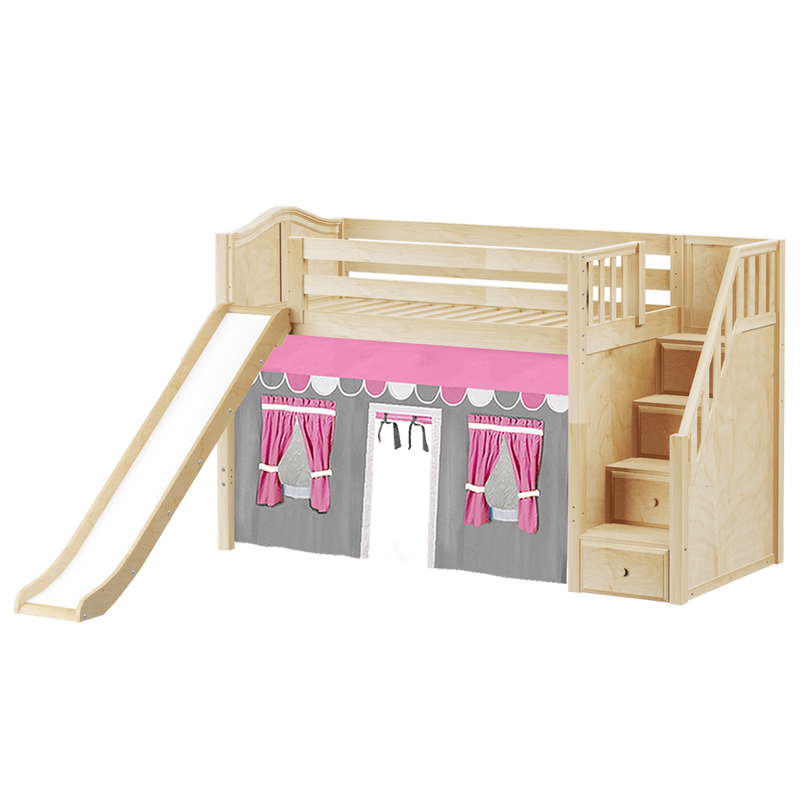 Maxtrix Twin Mid Loft Bed with Stairs, Curtain + Slide