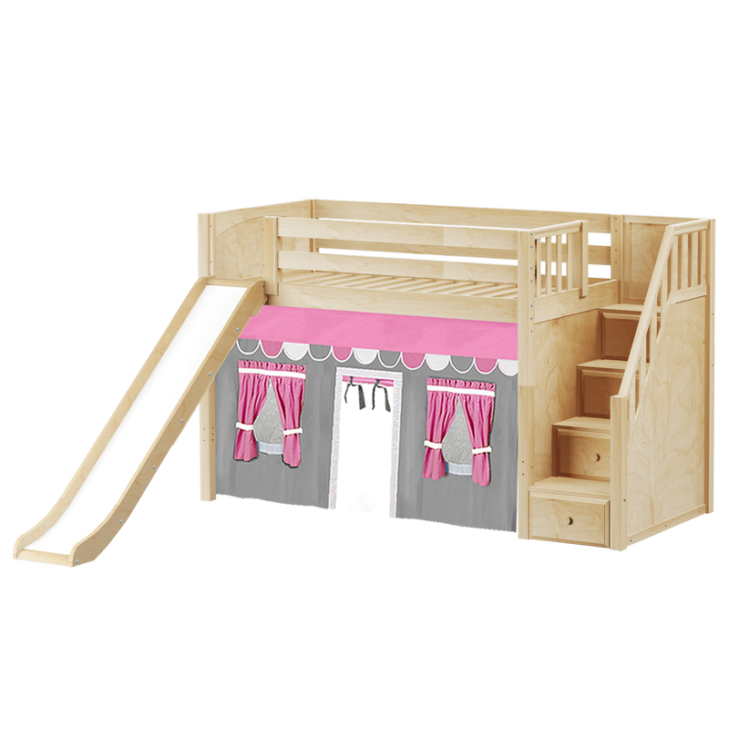 Maxtrix Twin Mid Loft Bed with Stairs, Curtain + Slide