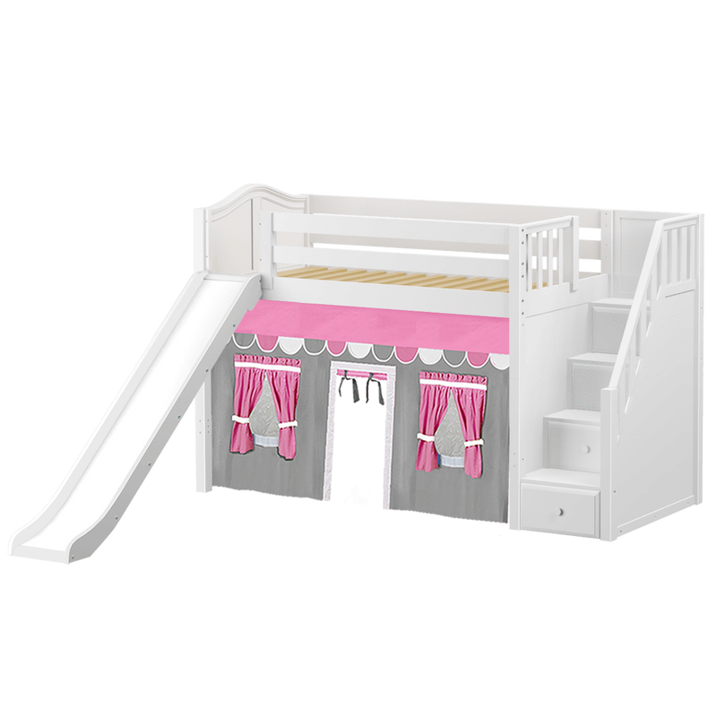 Maxtrix Twin Mid Loft Bed with Stairs, Curtain + Slide