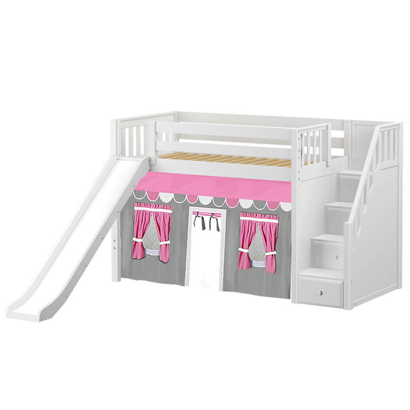 Maxtrix Twin Mid Loft Bed with Stairs, Curtain + Slide