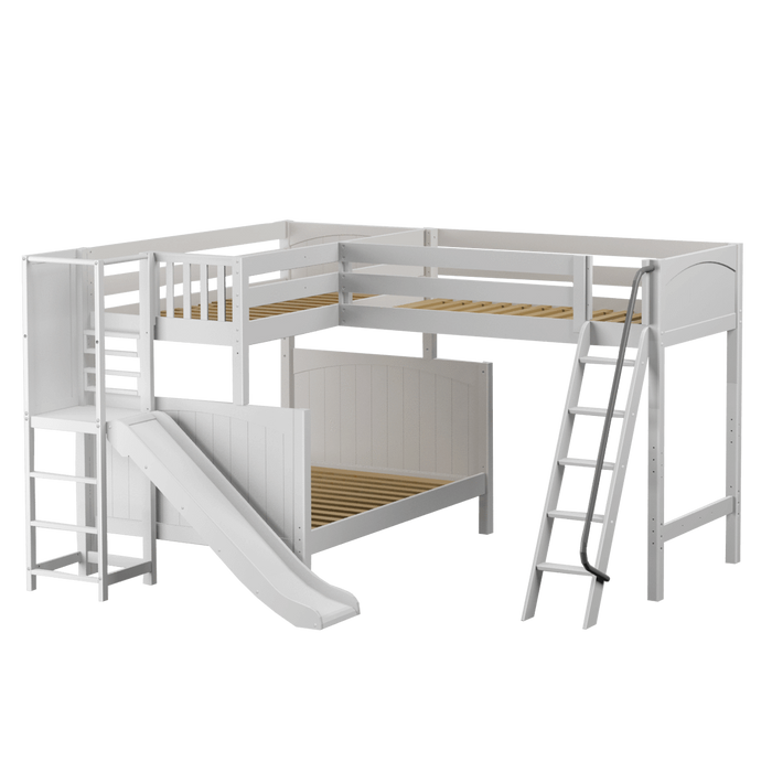 Full + Twin High Corner Loft Bunk with Angled Ladder and Stairs