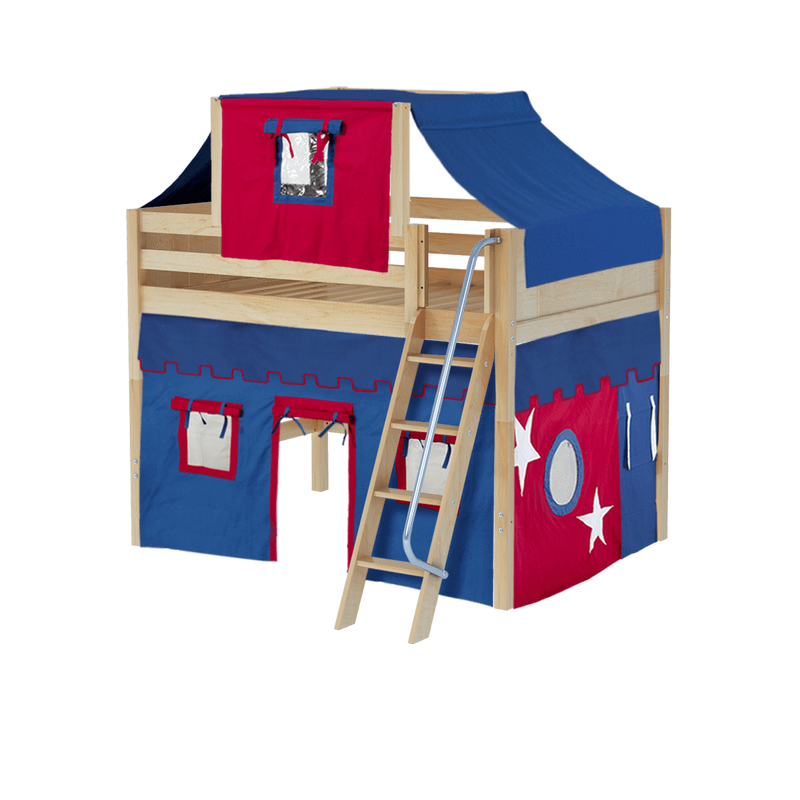 Maxtrix Full Mid Loft Bed with Angled Ladder, Curtain + Top Tent