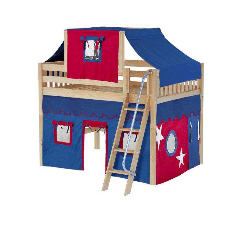 Maxtrix Full Mid Loft Bed with Angled Ladder, Curtain + Top Tent