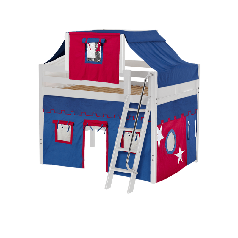 Maxtrix Full Mid Loft Bed with Angled Ladder, Curtain + Top Tent
