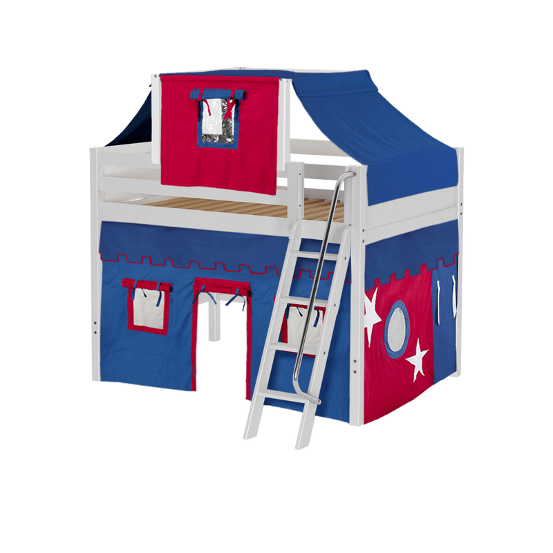 Maxtrix Full Mid Loft Bed with Angled Ladder, Curtain + Top Tent