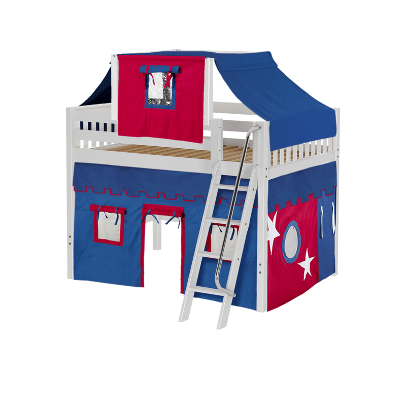 Maxtrix Full Mid Loft Bed with Angled Ladder, Curtain + Top Tent