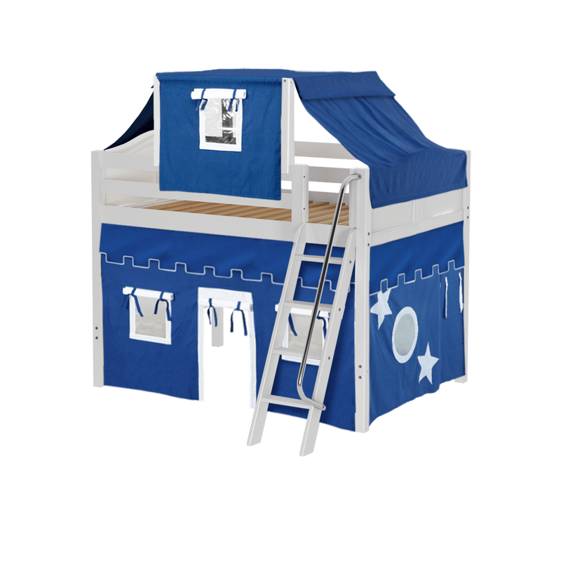 Maxtrix Full Mid Loft Bed with Angled Ladder, Curtain + Top Tent