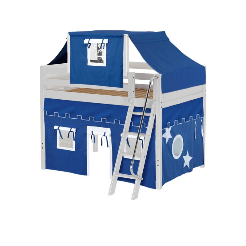 Maxtrix Full Mid Loft Bed with Angled Ladder, Curtain + Top Tent