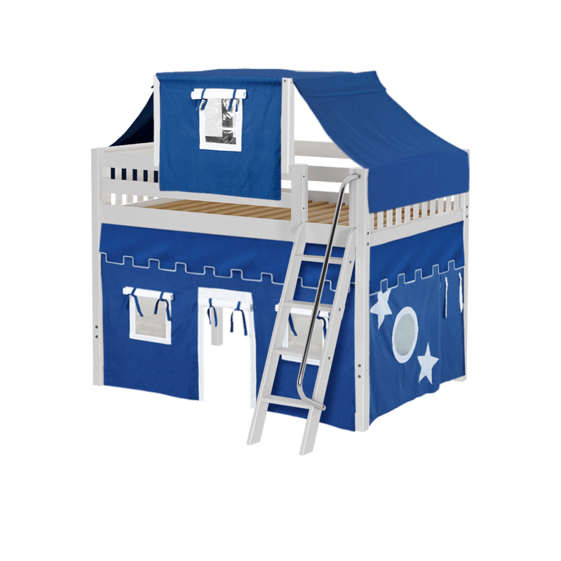 Maxtrix Full Mid Loft Bed with Angled Ladder, Curtain + Top Tent
