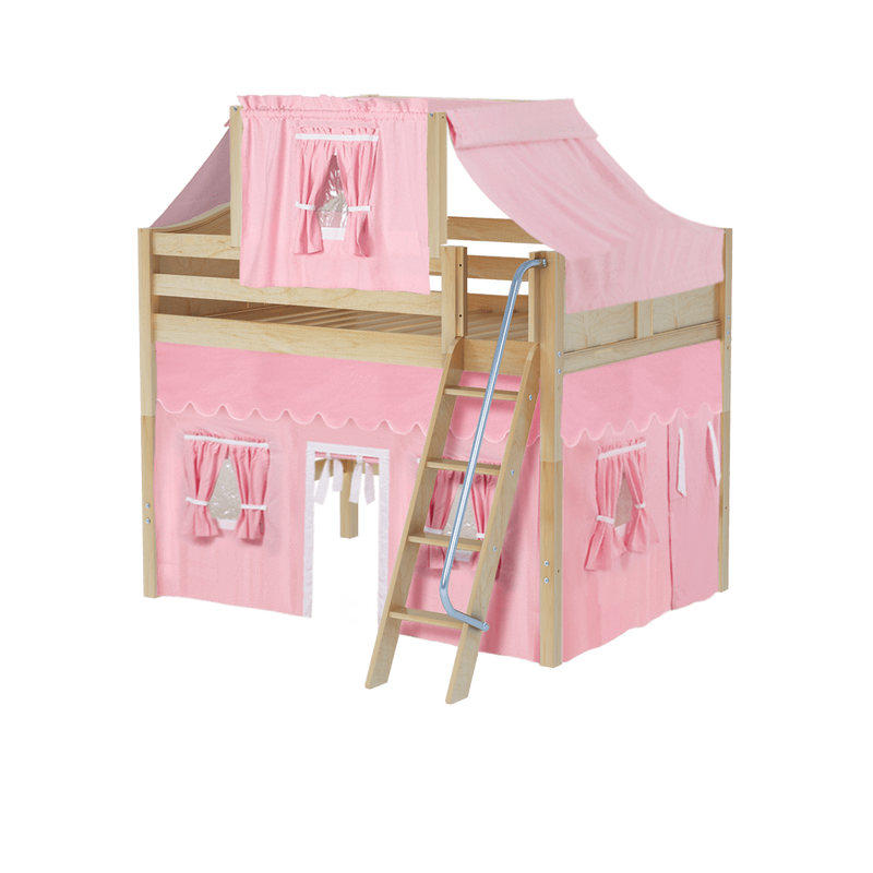 Maxtrix Full Mid Loft Bed with Angled Ladder, Curtain + Top Tent
