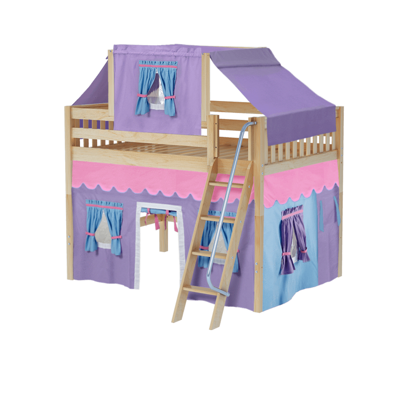 Maxtrix Full Mid Loft Bed with Angled Ladder, Curtain + Top Tent