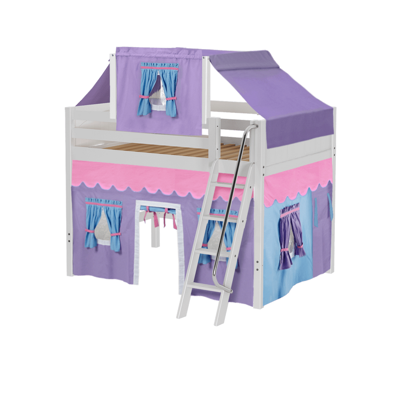 Maxtrix Full Mid Loft Bed with Angled Ladder, Curtain + Top Tent