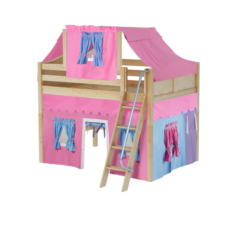 Maxtrix Full Mid Loft Bed with Angled Ladder, Curtain + Top Tent