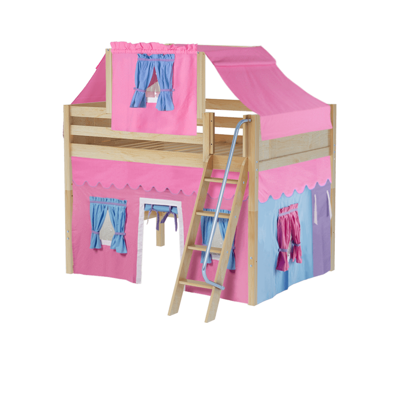Maxtrix Full Mid Loft Bed with Angled Ladder, Curtain + Top Tent
