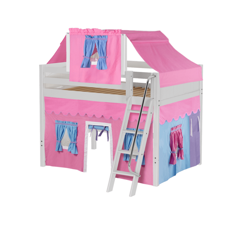 Maxtrix Full Mid Loft Bed with Angled Ladder, Curtain + Top Tent