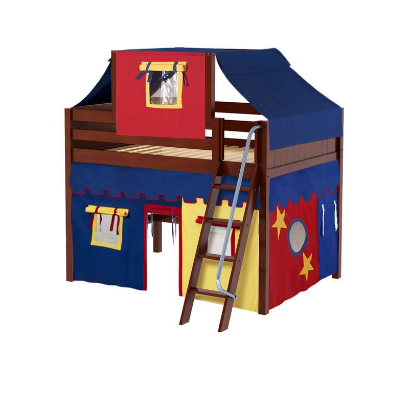 Maxtrix Full Mid Loft Bed with Angled Ladder, Curtain + Top Tent
