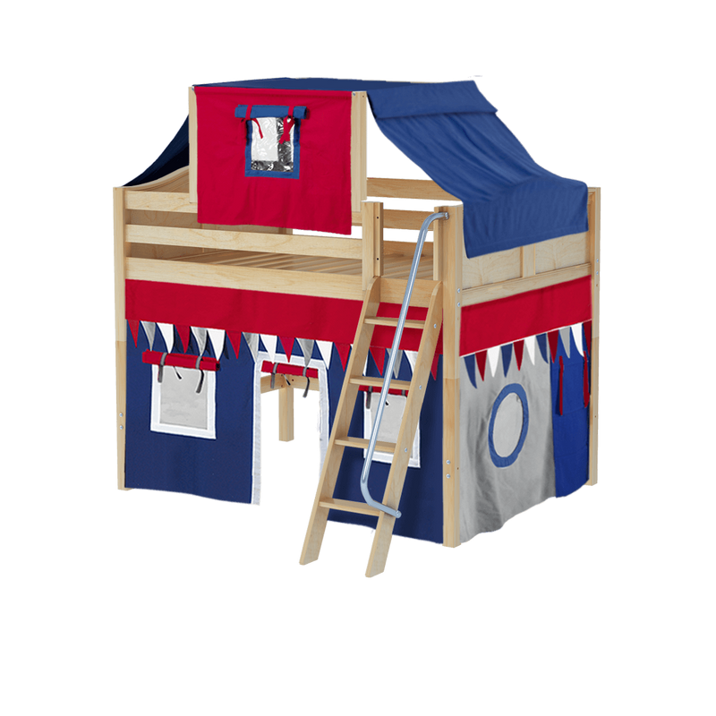 Maxtrix Full Mid Loft Bed with Angled Ladder, Curtain + Top Tent
