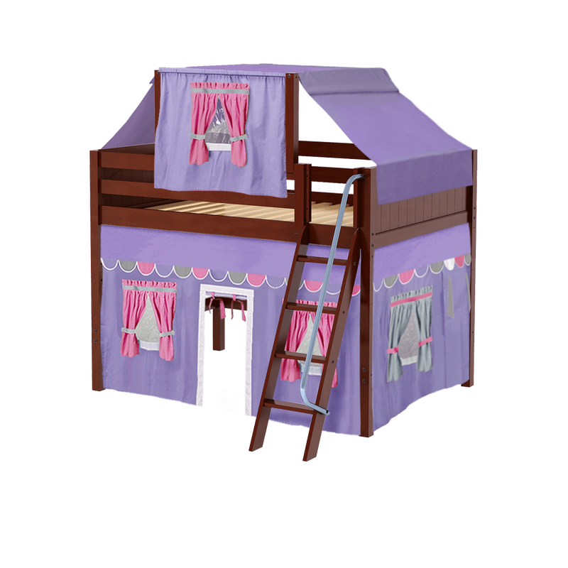 Maxtrix Full Mid Loft Bed with Angled Ladder, Curtain + Top Tent