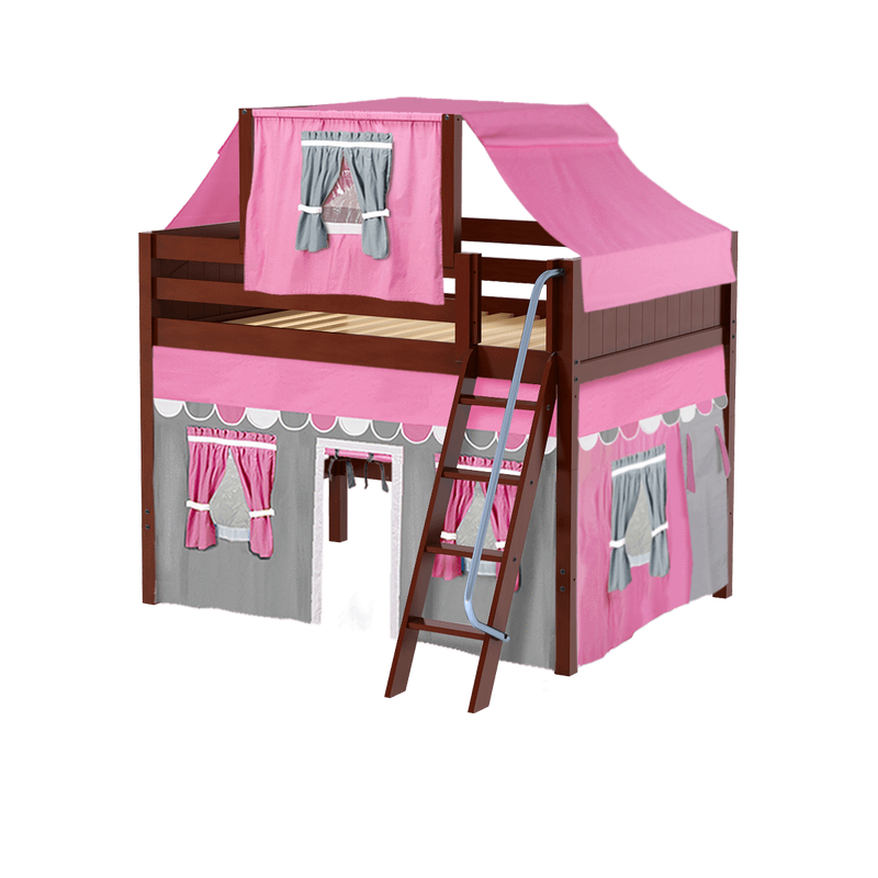 Maxtrix Full Mid Loft Bed with Angled Ladder, Curtain + Top Tent