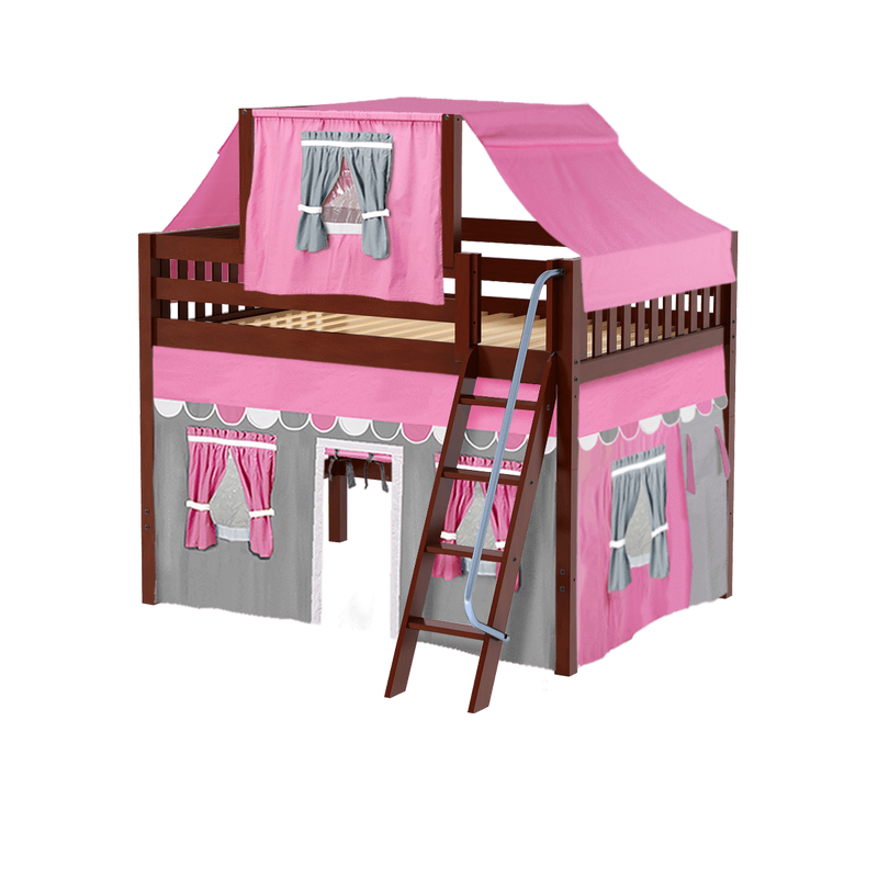 Maxtrix Full Mid Loft Bed with Angled Ladder, Curtain + Top Tent