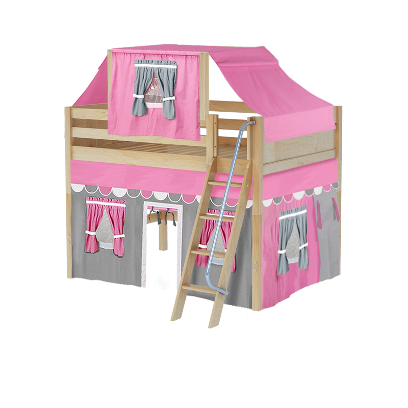 Maxtrix Full Mid Loft Bed with Angled Ladder, Curtain + Top Tent