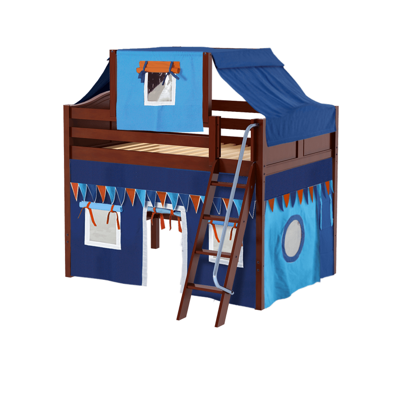 Maxtrix Full Mid Loft Bed with Angled Ladder, Curtain + Top Tent