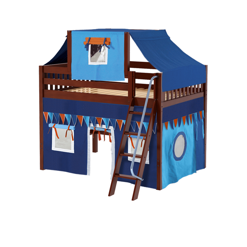 Maxtrix Full Mid Loft Bed with Angled Ladder, Curtain + Top Tent