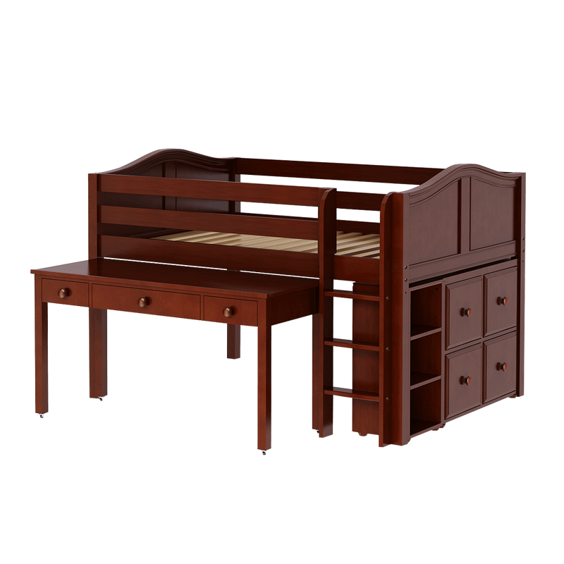 Maxtrix Full Low Loft Bed with Straight Ladder, Storage + Long Desk