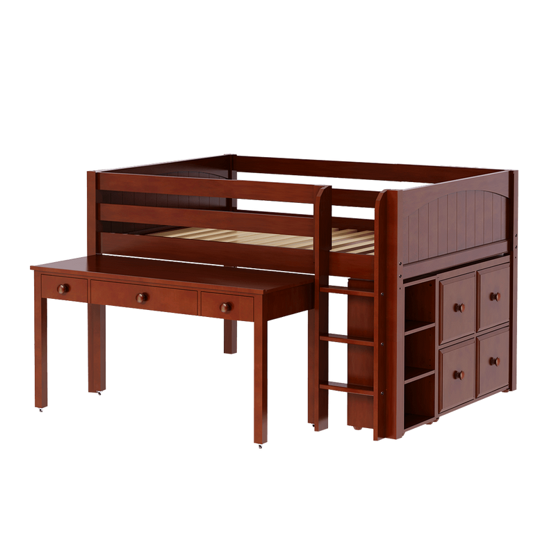 Maxtrix Full Low Loft Bed with Straight Ladder, Storage + Long Desk