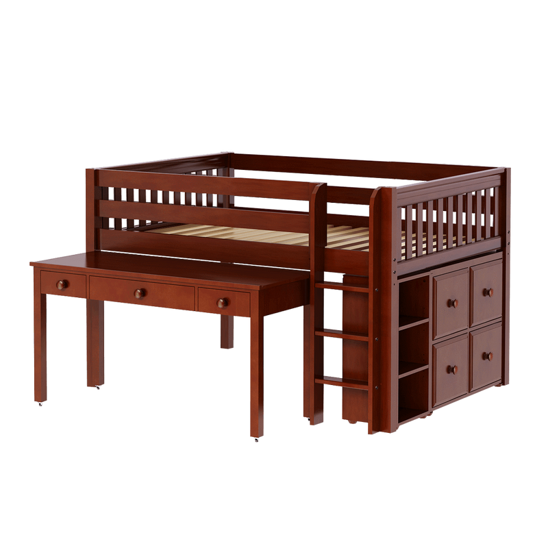 Maxtrix Full Low Loft Bed with Straight Ladder, Storage + Long Desk