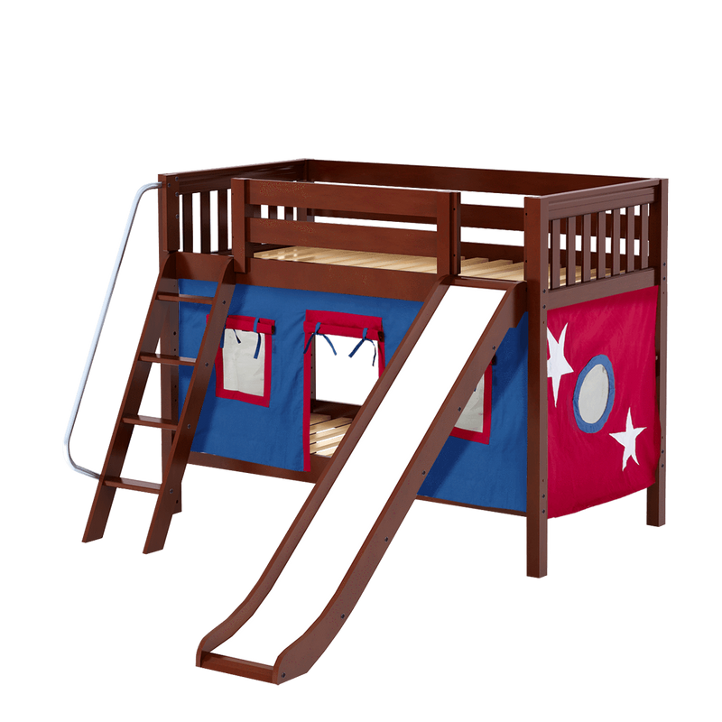 Maxtrix Twin Low Bunk Bed with Angled Ladder, Curtain + Slide