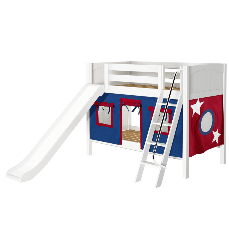 Maxtrix Twin Low Bunk Bed with Angled Ladder, Curtain + Slide