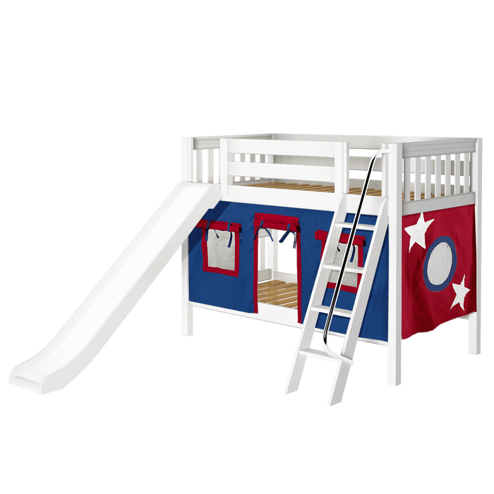 Maxtrix Twin Low Bunk Bed with Angled Ladder, Curtain + Slide