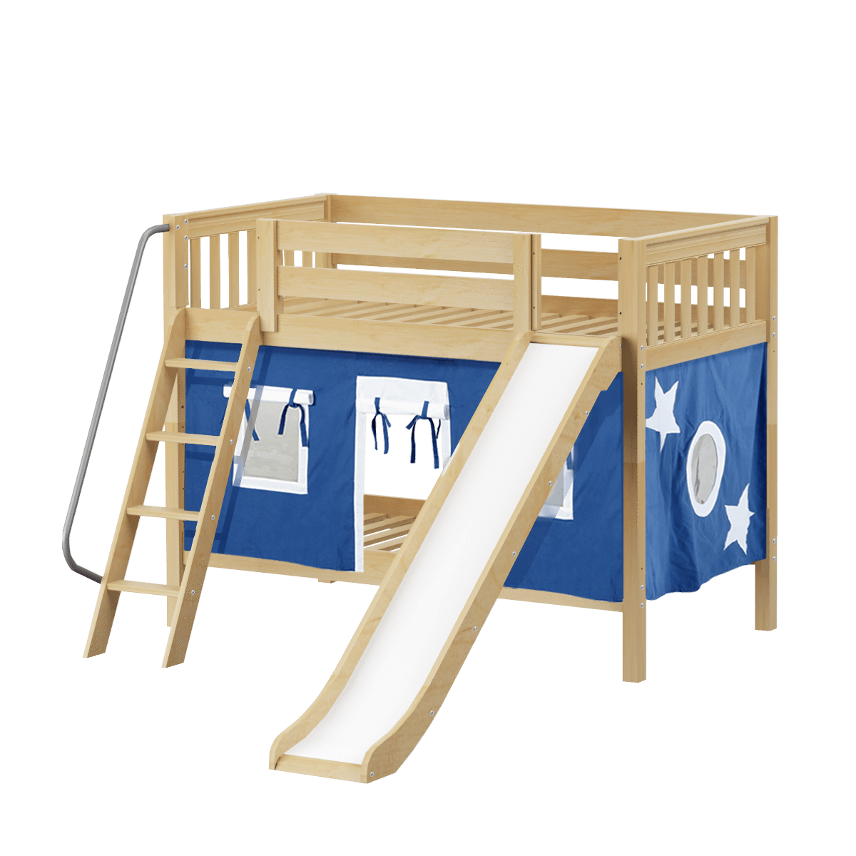 Maxtrix Twin Low Bunk Bed with Angled Ladder, Curtain + Slide — Cozy Kids  Furniture, image size:1200x1200