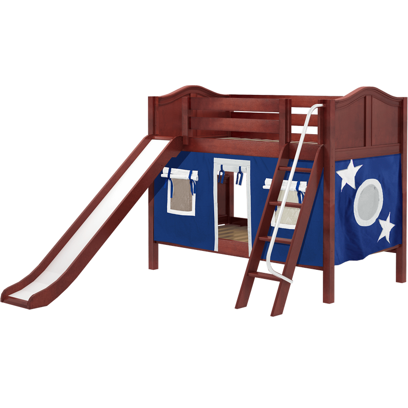 Maxtrix Twin Low Bunk Bed with Angled Ladder, Curtain + Slide
