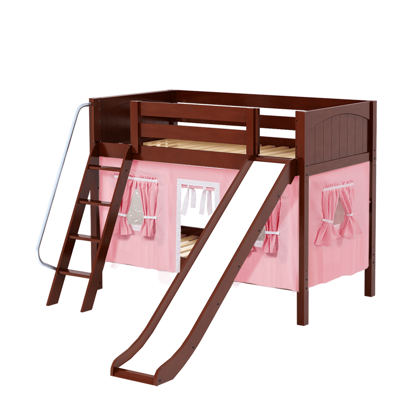 Maxtrix Twin Low Bunk Bed with Angled Ladder, Curtain + Slide