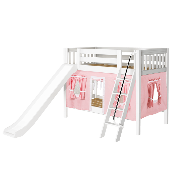 Maxtrix Twin Low Bunk Bed with Angled Ladder, Curtain + Slide