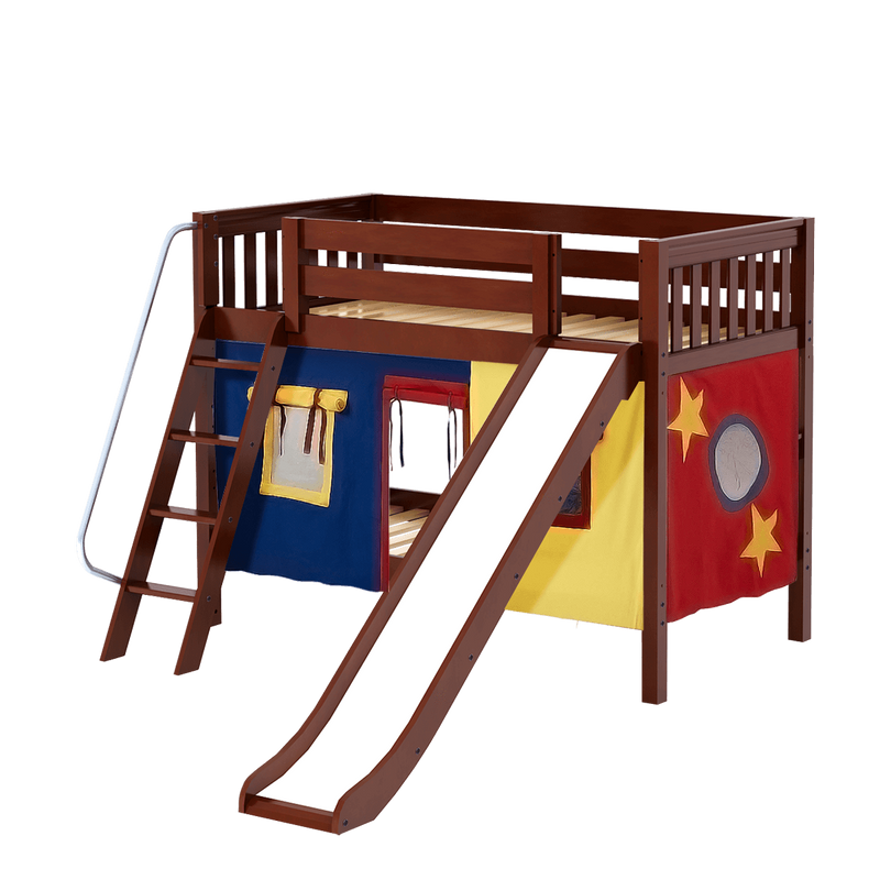 Maxtrix Twin Low Bunk Bed with Angled Ladder, Curtain + Slide